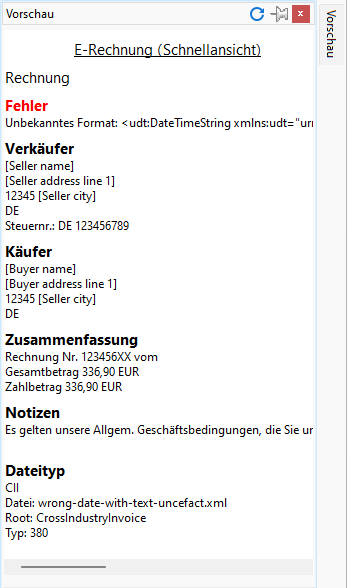 E-Rechnung mit fehlerhaftem Datum