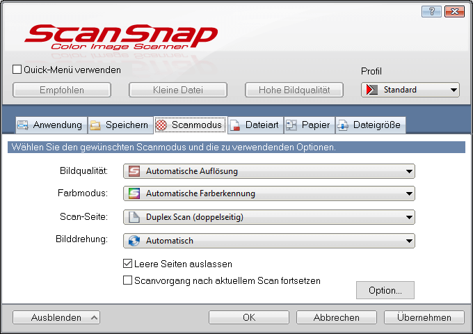 Screenshot: ScanSnap Manager, Seite Scanmodus